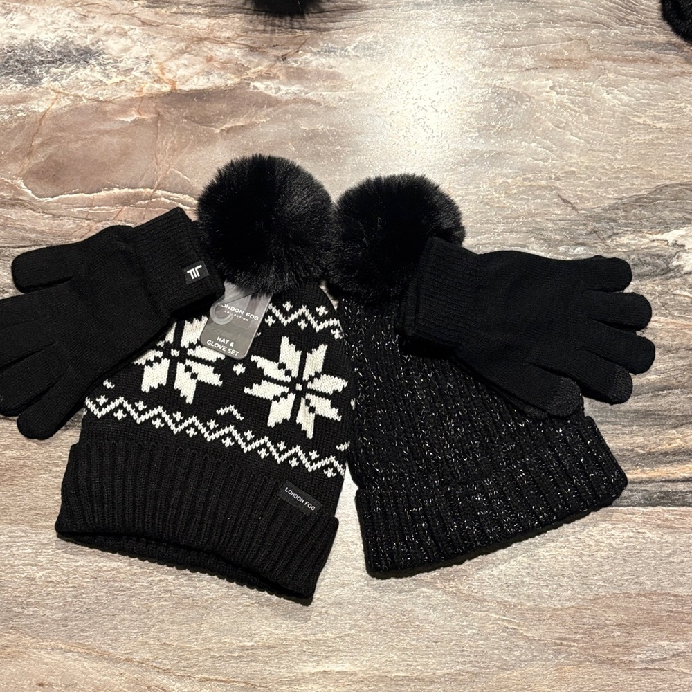 London Fog Black and White Kids Hat and Gloves Set